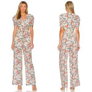 Saloni Lea Cutout Jumpsuit Floral Silk Sz 6 White Pink Red Blue Green Flowy Chic